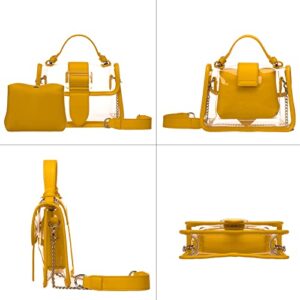 KOOIJNKO Women Clear Shoulder Bag Purse 2 in 1 Transparent Crossbody Messenger Bag Jelly Handbags Mini Clutch Casual Travel Pouch Waterproof Cute Chain Bag, Yellow