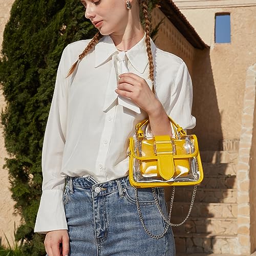 KOOIJNKO Women Clear Shoulder Bag Purse 2 in 1 Transparent Crossbody Messenger Bag Jelly Handbags Mini Clutch Casual Travel Pouch Waterproof Cute Chain Bag, Yellow