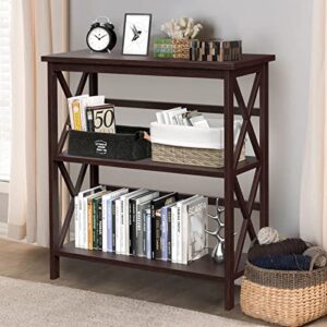 Tangkula 3-Tier Bookcase and Bookshelf, Wooden Open Shelf Bookcase, X-Design Etagere Bookshelf for Home Living Room Office, Multi-Functional Storage Shelf Units for Collection (Espresso)