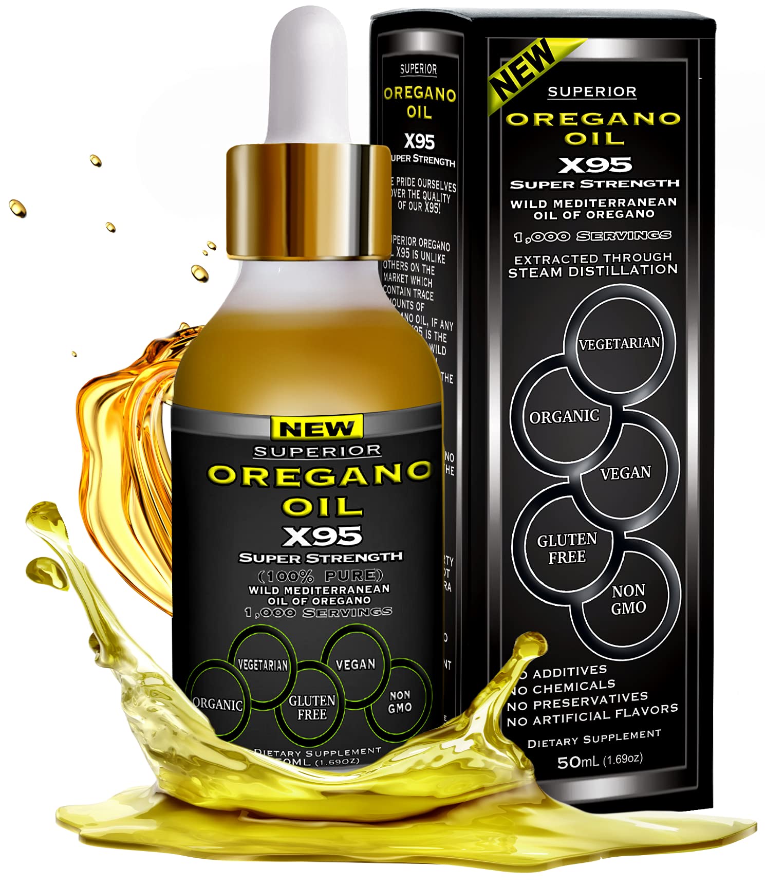 Oregano Oil Drops Super Strength - 1,000 Servings, Food Grade, Pure Undiluted Wild Mediterranean Oil of Oregano Extract, 1.69 oz (Large)