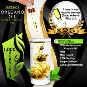 Oregano Oil Drops Super Strength - 1,000 Servings, Food Grade, Pure Undiluted Wild Mediterranean Oil of Oregano Extract, 1.69 oz (Large)