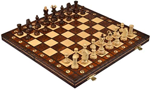 Handmade European Wooden Chess Set with Flowers, 16 Inch Board and Hand Carved Chess Pieces