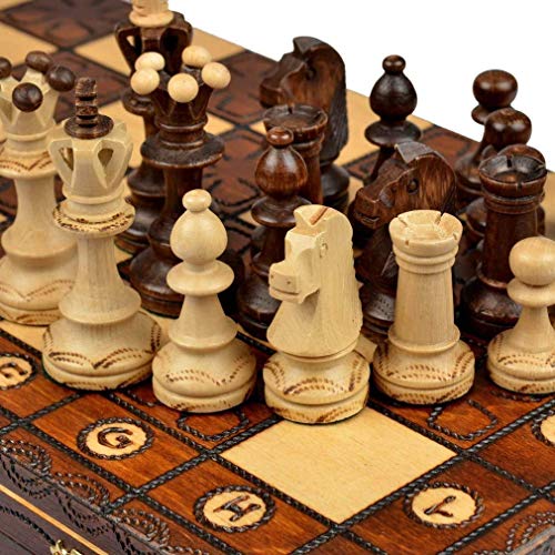 Handmade European Wooden Chess Set with Flowers, 16 Inch Board and Hand Carved Chess Pieces