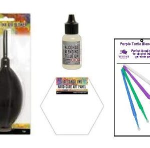 Ranger Alcohol Ink Accessories Bundle - Includes Alcohol Ink Air Blower, 3 pk Hard-Core Art Panels, Mini Blending Solution and PTP Flash Deals Blending Sticks
