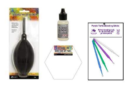 Ranger Alcohol Ink Accessories Bundle - Includes Alcohol Ink Air Blower, 3 pk Hard-Core Art Panels, Mini Blending Solution and PTP Flash Deals Blending Sticks
