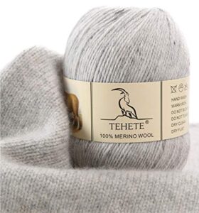 tehete 100% merino wool yarn for knitting 3-ply luxury warm soft lightweight crochet yarn (light grey)