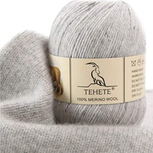 TEHETE 100% Merino Wool Yarn for Knitting 3-Ply Luxury Warm Soft Lightweight Crochet Yarn (Light Grey)