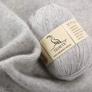 TEHETE 100% Merino Wool Yarn for Knitting 3-Ply Luxury Warm Soft Lightweight Crochet Yarn (Light Grey)