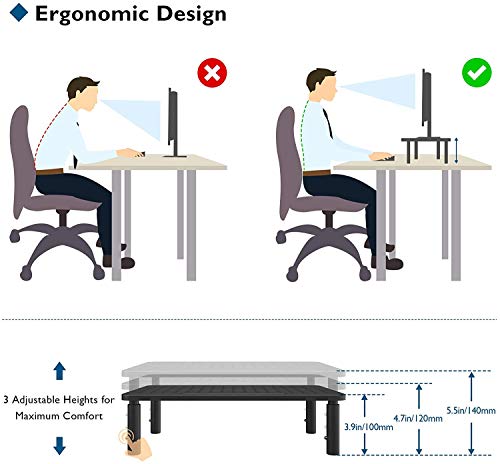 BONTEC 2 Pack Monitor Stand Riser, 3 Height Adjustable Monitor Stand with Pen Holder, Ergonomic Metal Laptop Stand with Cable Management, Great Computer Stand for Laptop, iMac, PC, Printer, 14.5 in