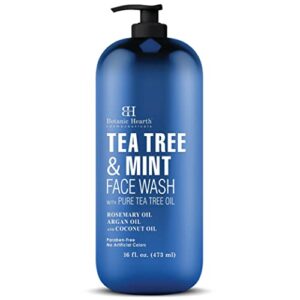 botanic hearth tea tree face wash with mint - acne fighting, therapeutic, hydrating liquid face soap with pure tea tree oil - for women and men, paraben free, fights acne - 16 fl oz