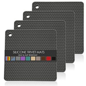 silicone trivets for hot pots and pans, multi-purpose trivet mat for hot dishes set of 4, heat resistant durable flexible silicone pot mat for countertop, easy to wash and dry, dark gray, square