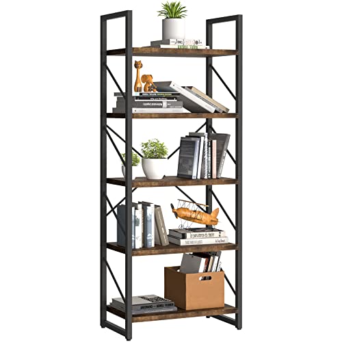 YITAHOME 5 Tiers Bookshelf, Artsy Modern Bookcase, Book Rack, Storage Rack Shelves Books Holder Organizer for Books/Movies in Living Room/Home/Office - Rustic Brown (FTOFBC-0016)