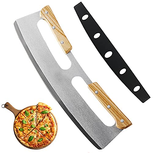 14 Inch Pizza Cutter, Mezzaluna Chopper, Mezzaluna Salad Chopper, Pizza Cutter Rocker Knife With Wooden Handle, Large Pizza Knife Tool…