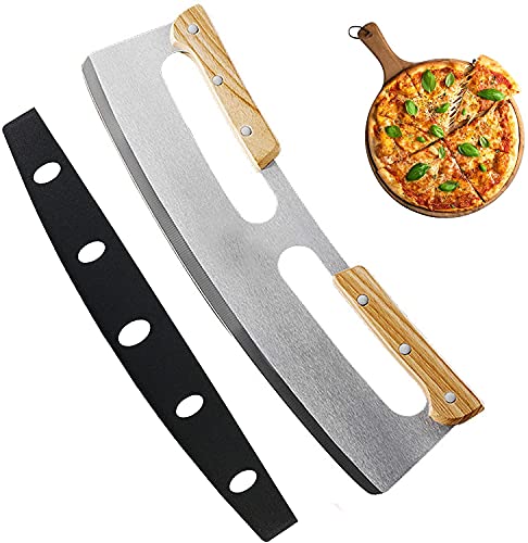 14 Inch Pizza Cutter, Mezzaluna Chopper, Mezzaluna Salad Chopper, Pizza Cutter Rocker Knife With Wooden Handle, Large Pizza Knife Tool…