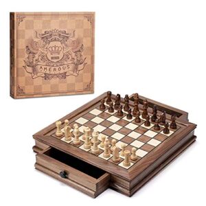 amerous magnetic wooden chess set, 12.8" x 12.8" chess board game with 2 built-in storage drawers - 2 bonus extra queens - chess for beginner, kids and adults, gift packaging