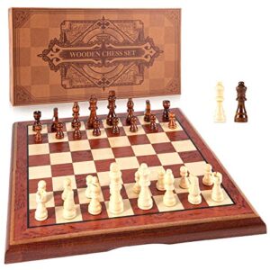 amerous 15'' magnetic wooden chess set -folding board -2 extra queens -chessmen storage slots -gift package, travel chess board game sets for kids and adults