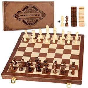 amerous 15 inches magnetic wooden chess & checkers set (2 in 1) - folding board -gift box packed -24 cherkers pieces -2 extra queens - chessmen storage slots, beginner chess set for kids and adults