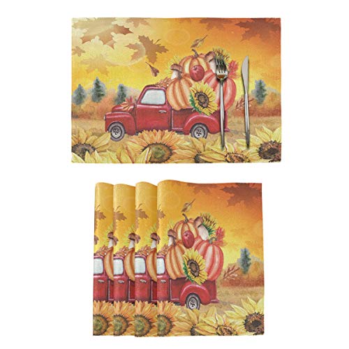 Autumn Pumpkin Sunflower Placemats Tables Mats for Kitchen Dining Set of 4 Fall Truck Thanksgiving Double Sided Tablemats Place Mats Farmhouse Tablemats for Holiday Wedding Party Home Decoration