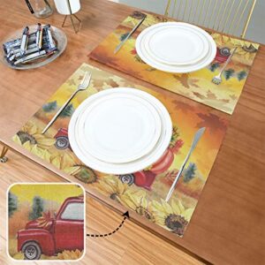 Autumn Pumpkin Sunflower Placemats Tables Mats for Kitchen Dining Set of 4 Fall Truck Thanksgiving Double Sided Tablemats Place Mats Farmhouse Tablemats for Holiday Wedding Party Home Decoration