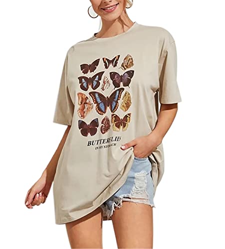 Meladyan Women’s Oversize Graphic Printed Loose Tee Short Sleeve Round Neck Loose Tshirt Tops Apricot