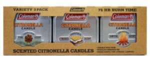 coleman scented tin citronella candle - 3 pack, s'mores, pine and campfire