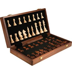 walnut chess set 15'' x 15'' with felted game board interior for storage chess game for child & adult, 2 players