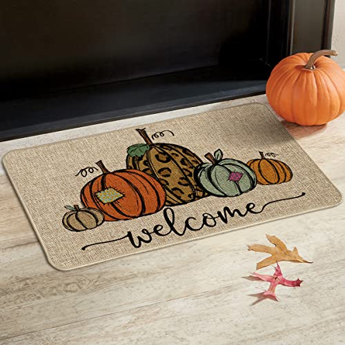 Artoid Mode Pumpkin Welcome Decorative Doormat, Fall Thanksgiving Rustic Yard Floor Mat Switch Mat for Indoor Outdoor 17 x 29 Inch