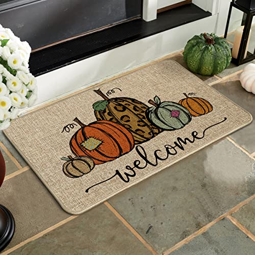 Artoid Mode Pumpkin Welcome Decorative Doormat, Fall Thanksgiving Rustic Yard Floor Mat Switch Mat for Indoor Outdoor 17 x 29 Inch