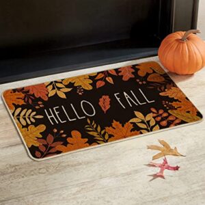 Artoid Mode Hello Fall Maple Leaves Decorative Doormat, Seasonal Autumn Harvest Vintage Thanksgiving Low-Profile Floor Mat Switch Mat for Indoor Outdoor 17 x 29 Inch