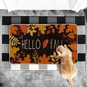 Artoid Mode Hello Fall Maple Leaves Decorative Doormat, Seasonal Autumn Harvest Vintage Thanksgiving Low-Profile Floor Mat Switch Mat for Indoor Outdoor 17 x 29 Inch