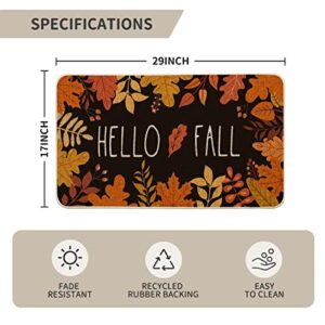 Artoid Mode Hello Fall Maple Leaves Decorative Doormat, Seasonal Autumn Harvest Vintage Thanksgiving Low-Profile Floor Mat Switch Mat for Indoor Outdoor 17 x 29 Inch