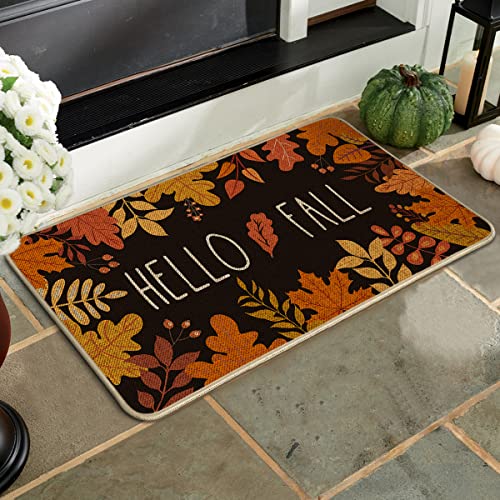 Artoid Mode Hello Fall Maple Leaves Decorative Doormat, Seasonal Autumn Harvest Vintage Thanksgiving Low-Profile Floor Mat Switch Mat for Indoor Outdoor 17 x 29 Inch