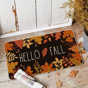 Artoid Mode Hello Fall Maple Leaves Decorative Doormat, Seasonal Autumn Harvest Vintage Thanksgiving Low-Profile Floor Mat Switch Mat for Indoor Outdoor 17 x 29 Inch