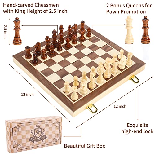 Hnoerin Chess Board, Chess Sets for Adults, Magnetic Chess Set Wooden Travel Chess Set for Kids, Folding Chess Board Set with Crafted Chess Pieces Includes Extra Queens, Great Gifts for Friends