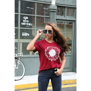 GLIGLITTR Women's Summer Sunflower T Shirt Cute Flower Graphic Loose Tees Crew Neck Short Sleeve Casual Tops (Wine Red, Medium)