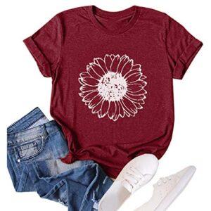 gliglittr women's summer sunflower t shirt cute flower graphic loose tees crew neck short sleeve casual tops (wine red, medium)