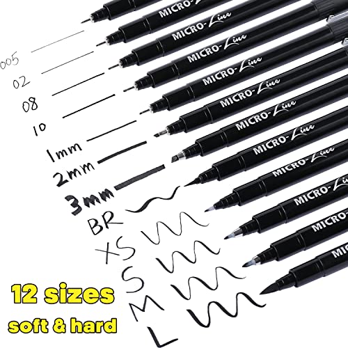 Dyvicl Hand Lettering Pens, Calligraphy Brush Pens Art Markers for Beginners Writing, Sketching, Art Drawing, Illustration, Scrapbooking, Journaling, Black Ink Pen Set, 12 Size