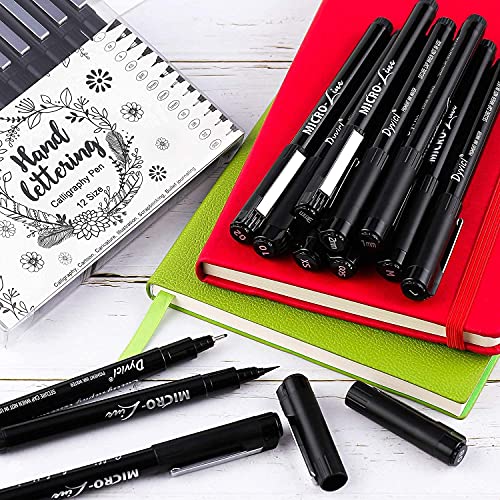 Dyvicl Hand Lettering Pens, Calligraphy Brush Pens Art Markers for Beginners Writing, Sketching, Art Drawing, Illustration, Scrapbooking, Journaling, Black Ink Pen Set, 12 Size