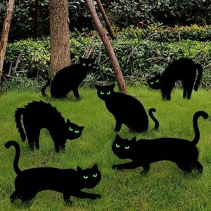 ivenf halloween decorations outdoor, 6ct black cat decor yard signs with stakes, scary silhouette with glow in dark eyes, corrugated plastic, waterproof lawn decorations for kids family home party