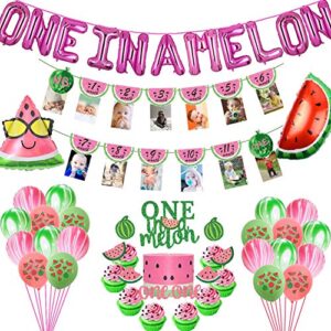 watermelon first birthday party supplies one in a melon balloons watermelon photo banner pink glittery watermelon one cake cupcake topper summer fruit girls 1st birthday party supplies decorations