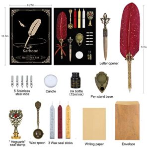 Karhood Quill Pen and Ink Set - Feather Calligraphy Dip Pen with Wax Seal Stamp Kit and 5 Nibs (Red)