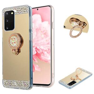 lchda glitter case for samsung galaxy s20 6.2 inch, bling makeup mirror luxury sparkle rhinestone diamond with ring kickstand soft clear crystal tpu bumper cover with finger holder grip - gold