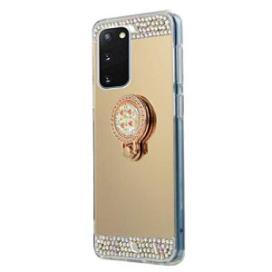 LCHDA Glitter Case for Samsung Galaxy S20 6.2 Inch, Bling Makeup Mirror Luxury Sparkle Rhinestone Diamond with Ring Kickstand Soft Clear Crystal TPU Bumper Cover with Finger Holder Grip - Gold