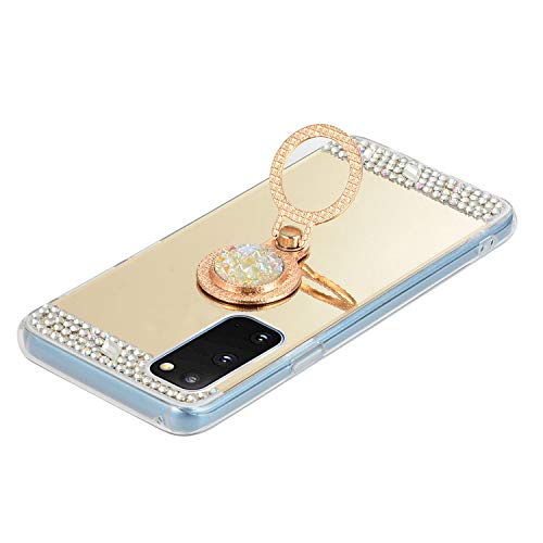 LCHDA Glitter Case for Samsung Galaxy S20 6.2 Inch, Bling Makeup Mirror Luxury Sparkle Rhinestone Diamond with Ring Kickstand Soft Clear Crystal TPU Bumper Cover with Finger Holder Grip - Gold