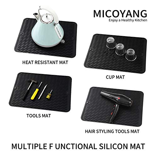 MicoYang Silicone Dish Drying Mat for Multiple Usage,Easy clean,Eco-friendly,Heat-resistant Silicone Mat for Kitchen Counter or Sink,Refrigerator or drawer liner Black L 16 inches x 12 inches