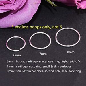 Small Sterling Silver Hoop Earring Set for Cartilage Helix Tragus Nose Septum, Tiny Huggie Hoop Piercing Jewelry, 6mm 7mm 8mm