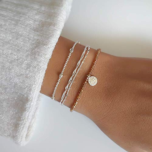 Annika Bella Double Layered Sterling Silver Bracelet, Length 6.5-7.5 Inches, Stranded Satellite Chain Bracelets for Women, Waterproof, Minimalist 925 Women's Bracelet (Twirl and Satellite Chains)