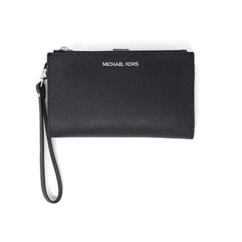 Michael Kors Jet Set Travel Double Zip Saffiano Leather Wristlet Wallet (Black Saffiano/Silver Hardware)