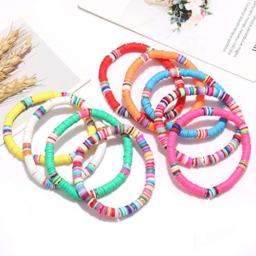 XOCARTIGE Surfer Heishi Bracelets for Women Stackable Rainbow Vinyl Disc Beaded Stretch Bracelets Elastic Layering Friendship Bracelets Boho Summer Beach Jewelry (Style A)