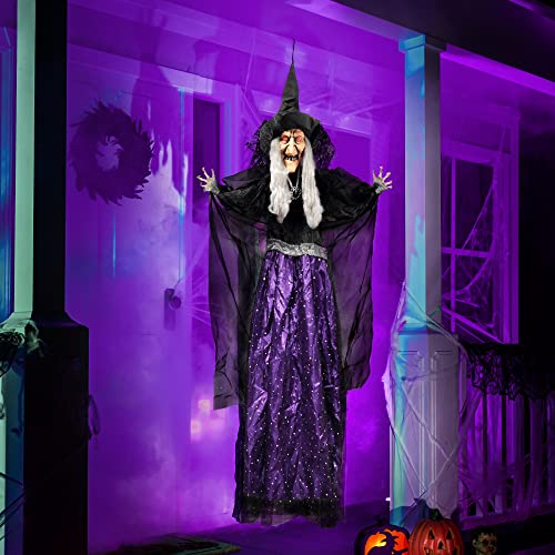 47” Hanging Animated Talking Witch Decoration with Light-up Eyes and Sound Activation Function for Halloween Haunted House Prop Décor, Halloween Hanging Decorations, Outdoor/Indoor, Lawn Decor